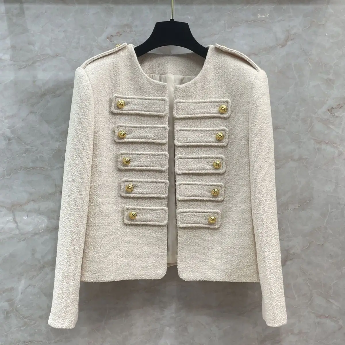 

Heavy Industry Jacquard Lining Shoulder Badge Coat Women's Shenzhen South Oil Gold Buckle Palace Style Wool Tweed Cardigan