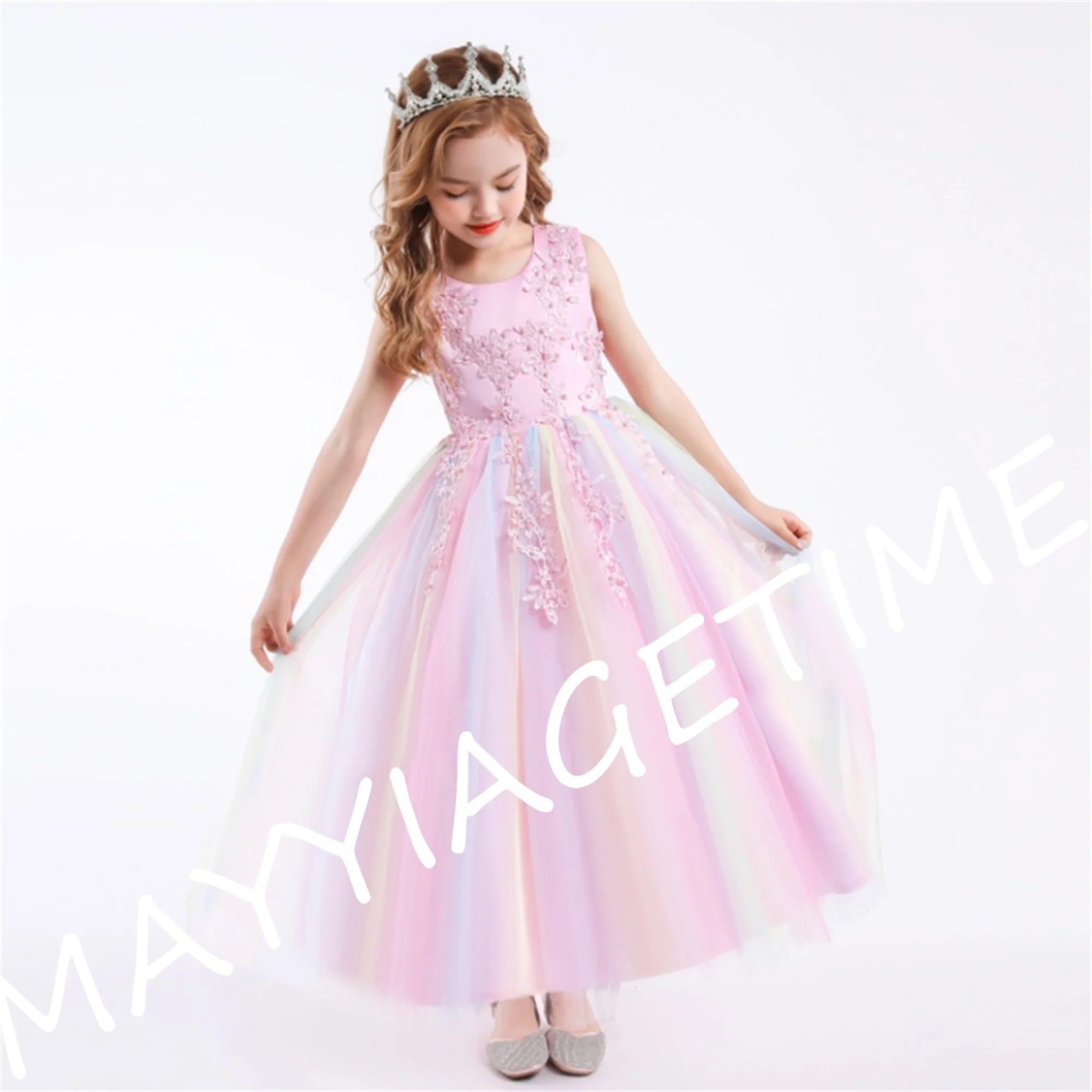 

Платье с цветочным принтом для девочек, платье феи с аппликацией до щиколотки, платье подружки невесты из тюля, костюм для девочек, элегантное платье принцессы для свадебной вечеринки