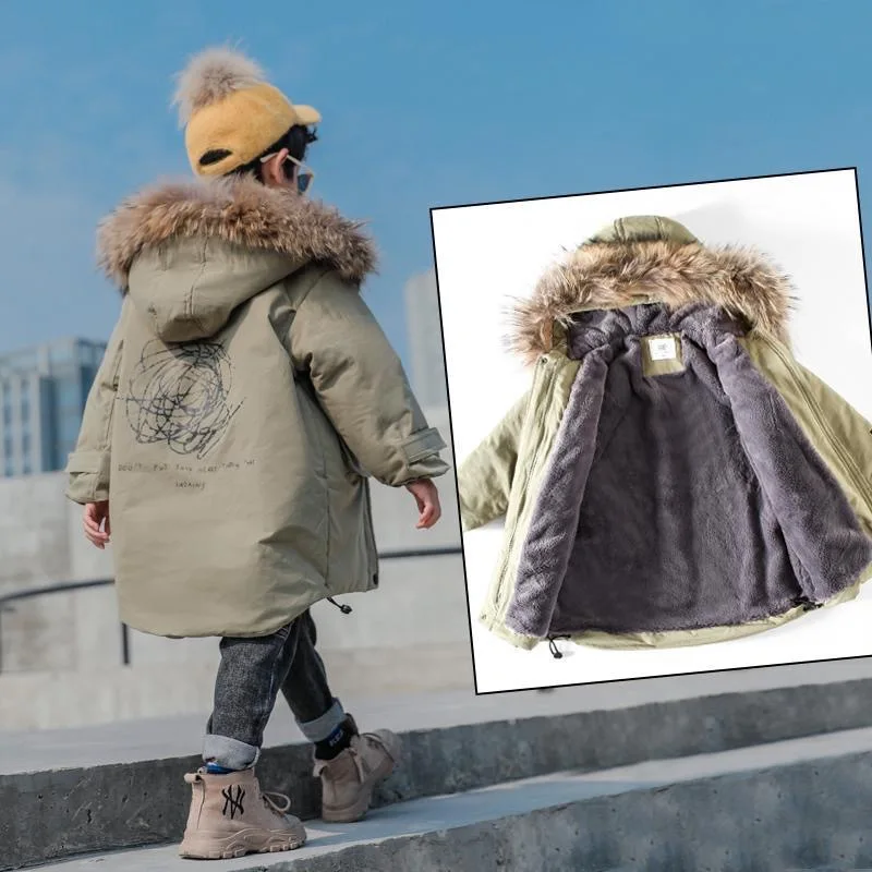 Kids Waterproof Jacket Fashionable Fleece Snowboarding Jackets Girls Thicken Fur Collar Winter Jacket Hooded Coat Boys