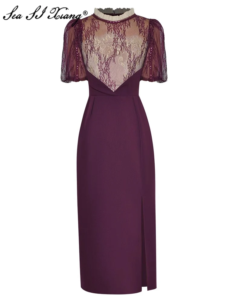 

Seasixiang Fashion Designer Summer Pencil Dress Women O-Neck Lantern Sleeve Lace Patchwork Office Lady Side Split Dresses