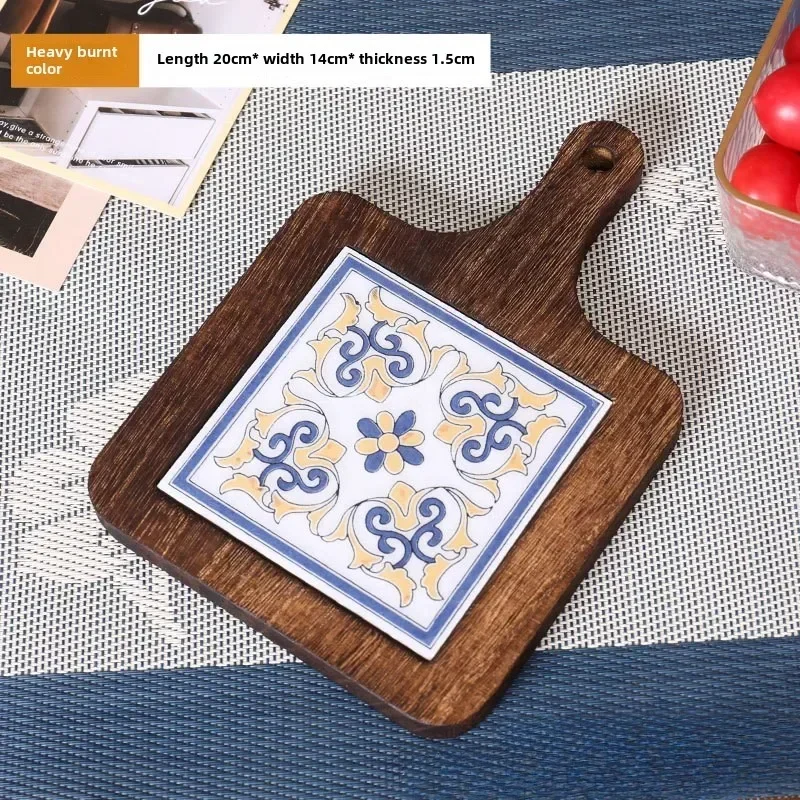 Japanese Restaurant Retro Solid Wood Tile Handle Pot Pad Wooden Anti Scald Plate Pad Household Casserole insulation Wood Pad