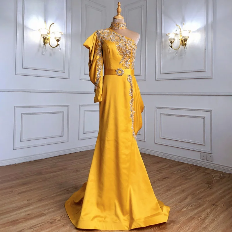 

Gold Mermaid One Shoulder Satin Sexy Evening Dresses Customized OEM/ODM luxury Beaded Party Gowns For Women 2023