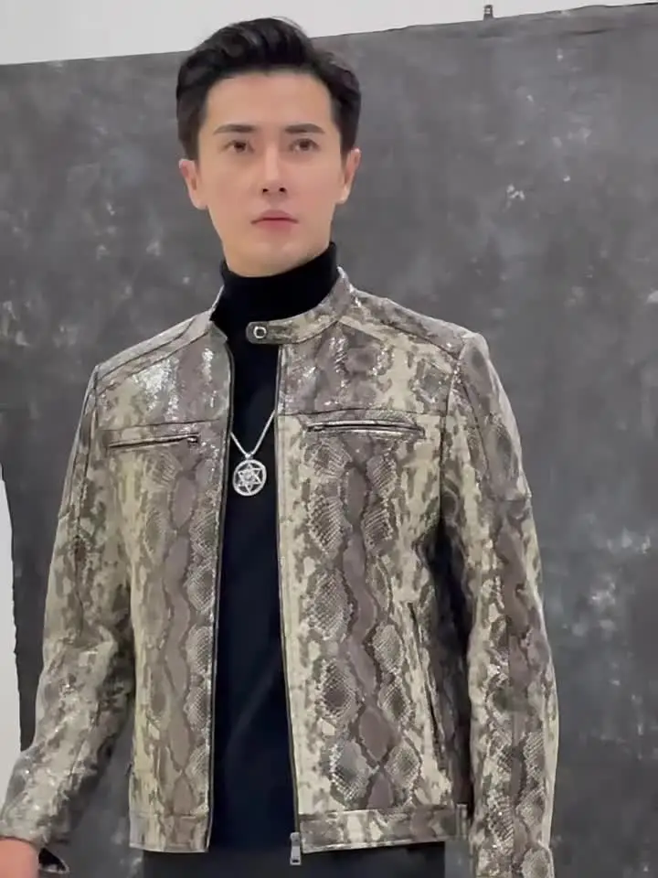 春男性スネークパターンシープスキン本革ジャケットスリムフィット
