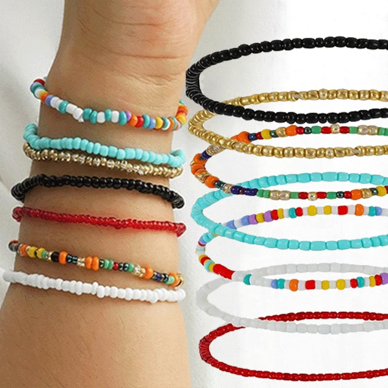 7PCS/Set Colorful Rice Beads Anklet Set Summer Beach Friendship Bracelets Handmade Boho Jewelry Gift for Friend Anklet