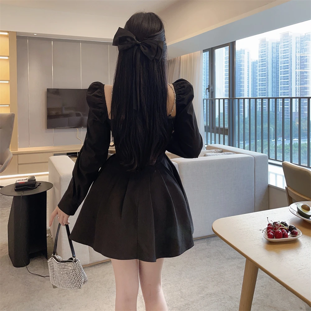 Korean Style Solid Mini Dress Women Long Sleeve Square