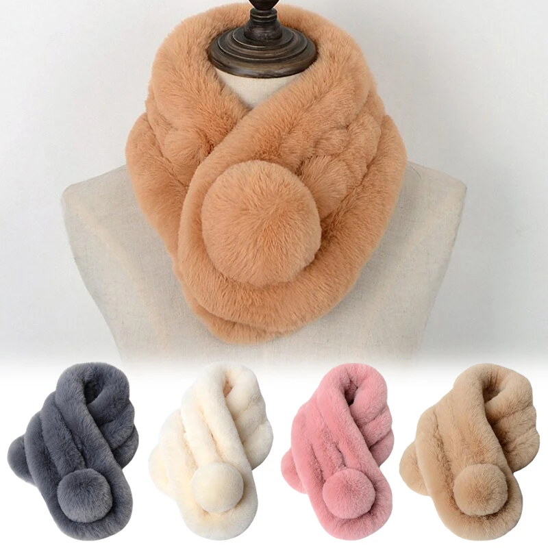 Cute Warm Rabbit Fur Neckerchief for Women Girls Winter Casual Solid Thermal Scarf Female Neck Wamer Collar Apparel Accessories