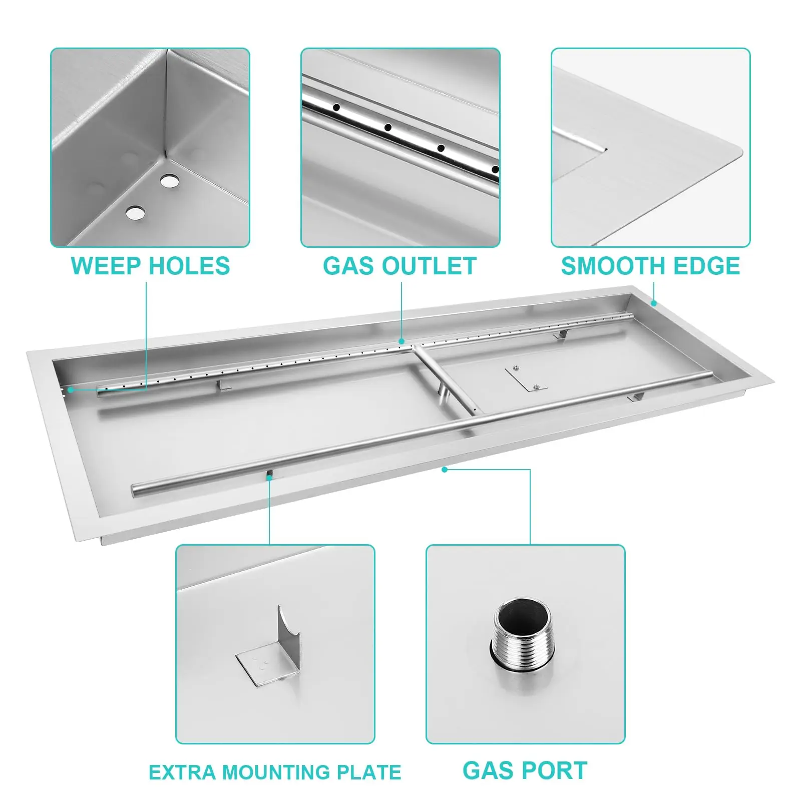 48 x 14 inch Rectangular Drop-in Fire Pit Pan Kit, Fire Pit Pan Kit with H-Shaped Burner, Spark Ignition Kit and Hose for In