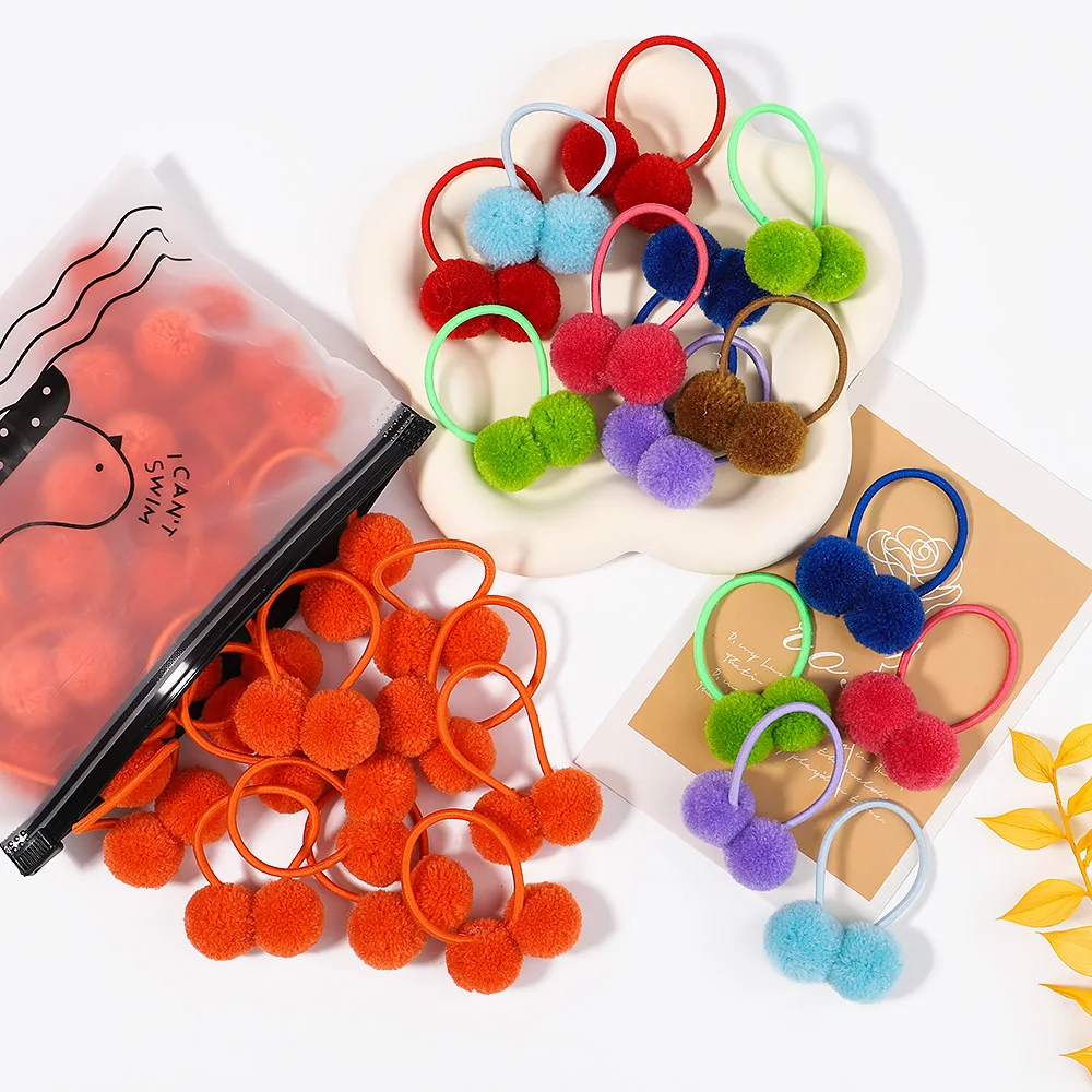 

5Pcs/lot Baby Kids Small Solid Double Fur Ball Rubber Band with Elastic Rope Handmade Hair Band for Girls Hair Accessories