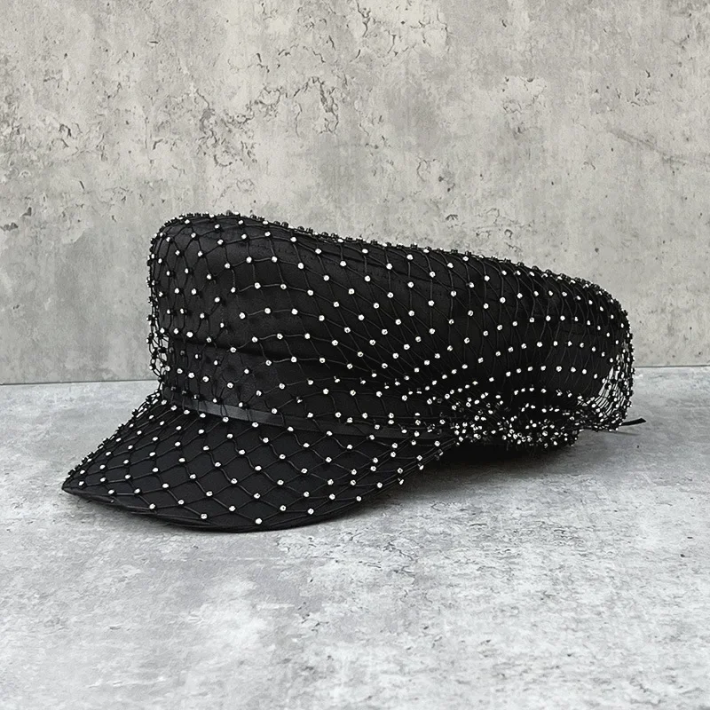 

Italian handmade rhinestone Navy hat French socialite style mesh beret Female Autumn/Winter elegance Newsboy hat Flat top hat