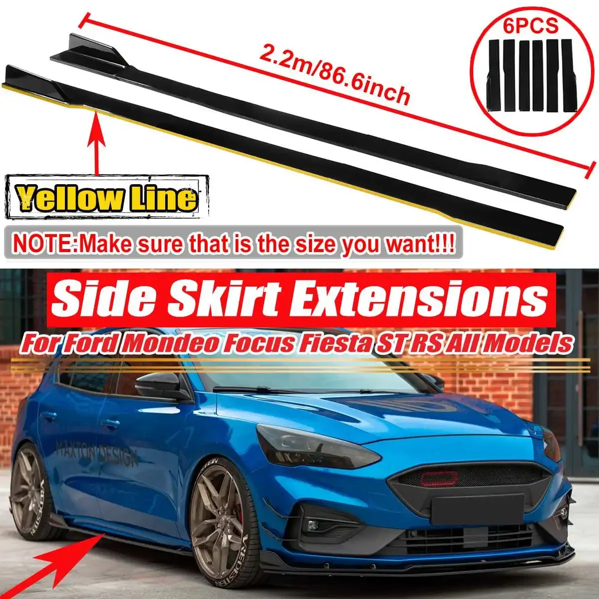 

2.2m Car Side Skirt Extensions Universal Lip Splitters Lip For Ford For Mustang For Focus RS ST For Fiesta For Mondeo Body Kit