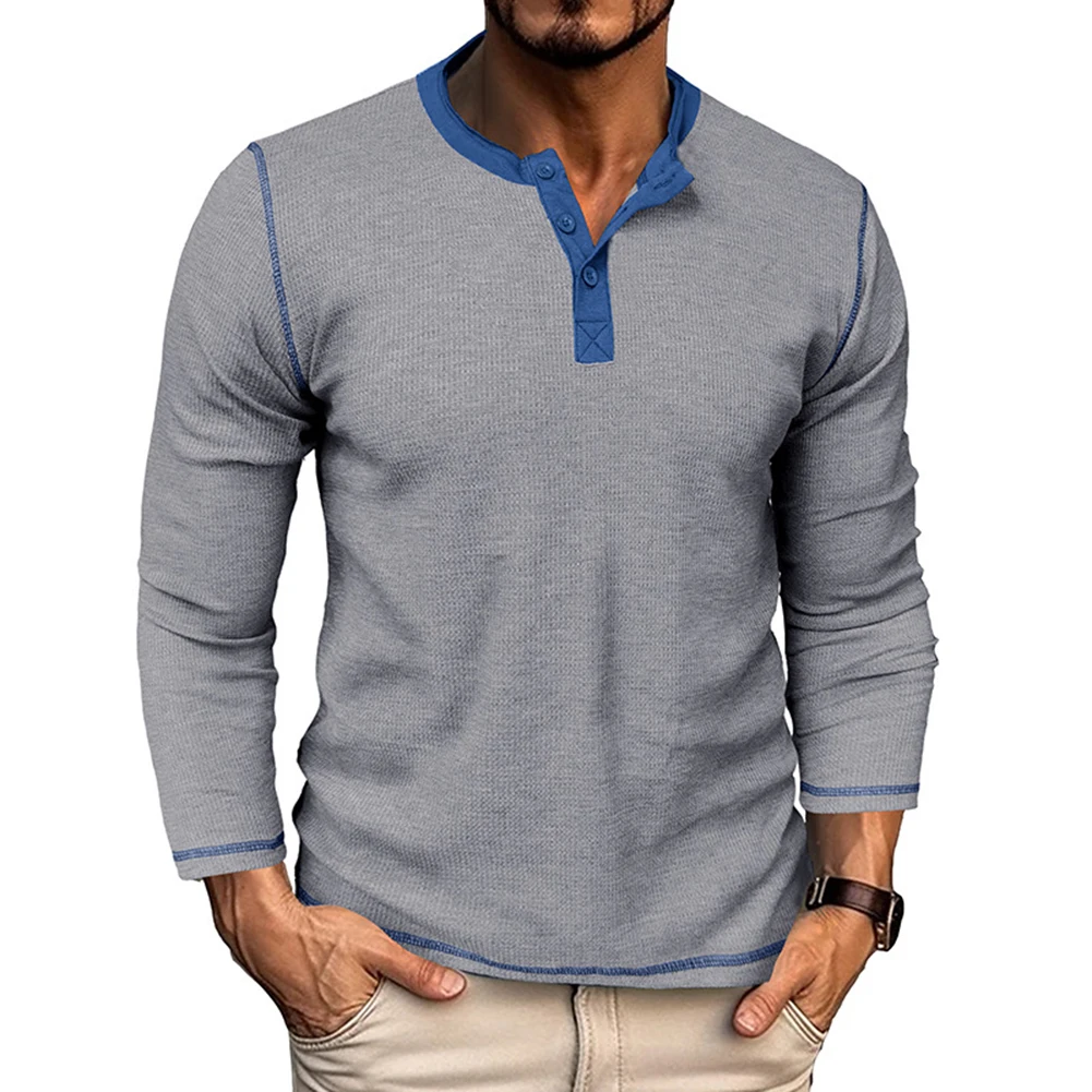 

Stay Cool and Stylish in this Men's Waffle Tshirt Long Sleeve V cardigan Henry Neck Tee Tops Various Sizes Available