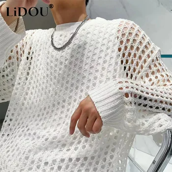 Y2K 빈티지 할로우 아웃 루즈 뜨게 티셔츠, 올 매치 기하학적 탑, 패션 캐주얼 의상, 시스루 남성 풀오버, 여름