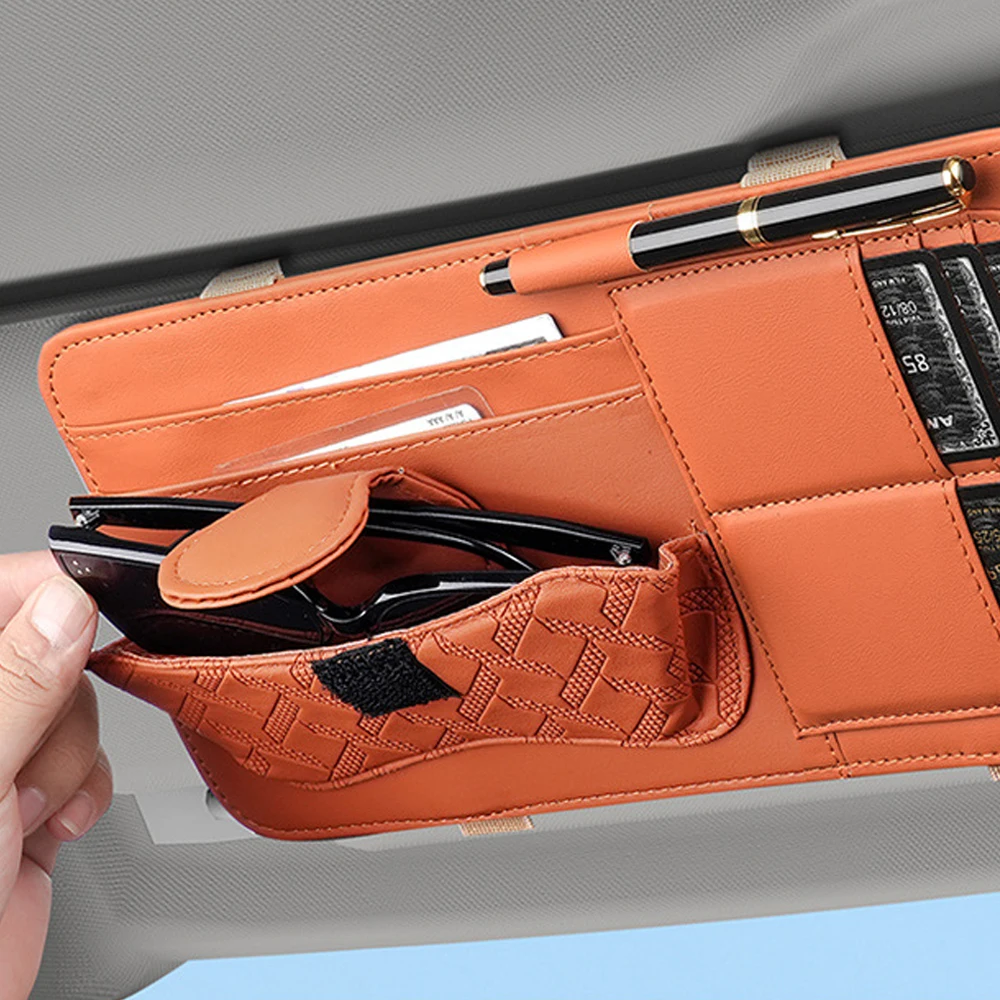 Luxury PU Leather Car Sun Visor Organizer with Multi-Pocket Pouch & Eyeglasses Clip