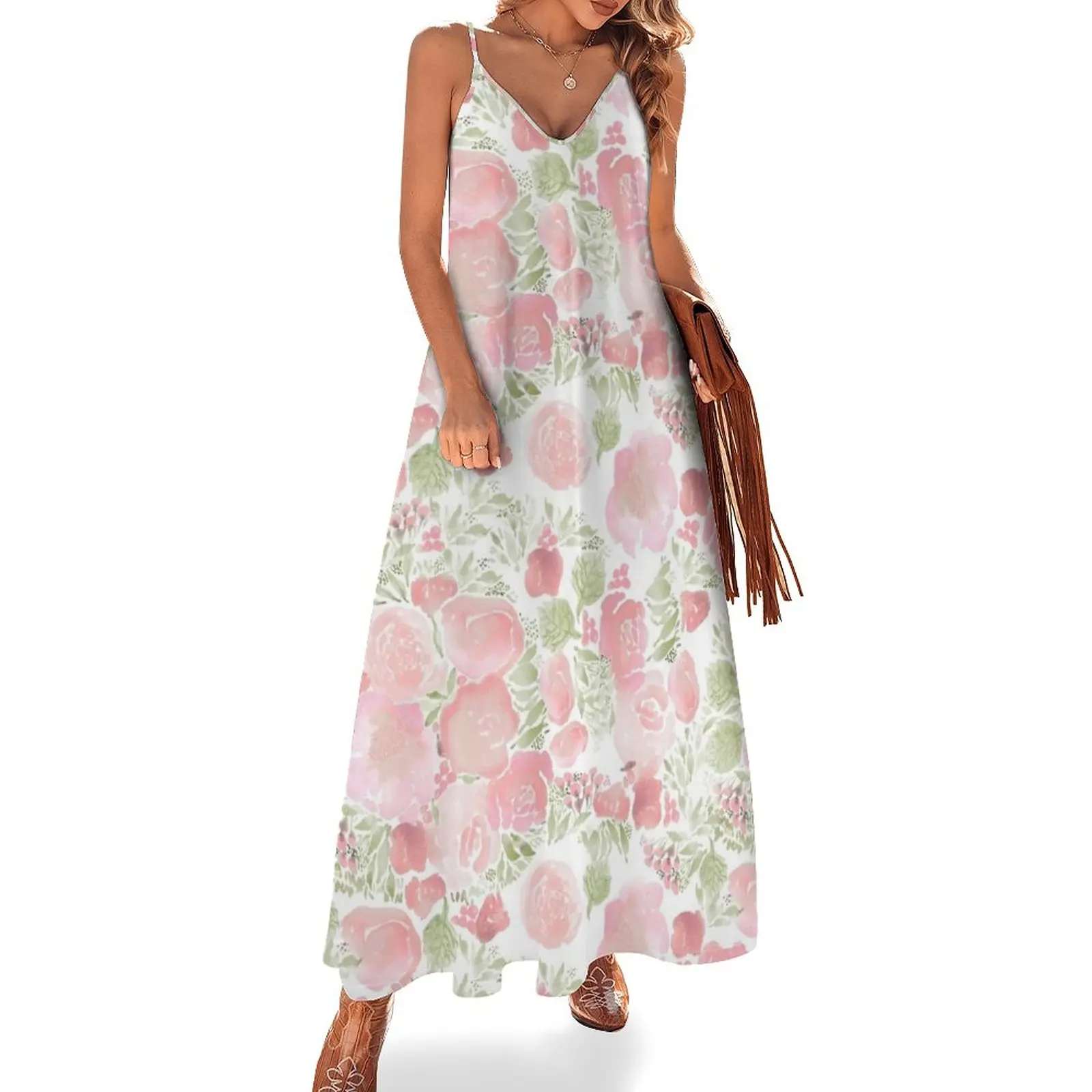 

New watercolor flowers pale pink Sleeveless Dress dresses women summer 2023 Women long dress