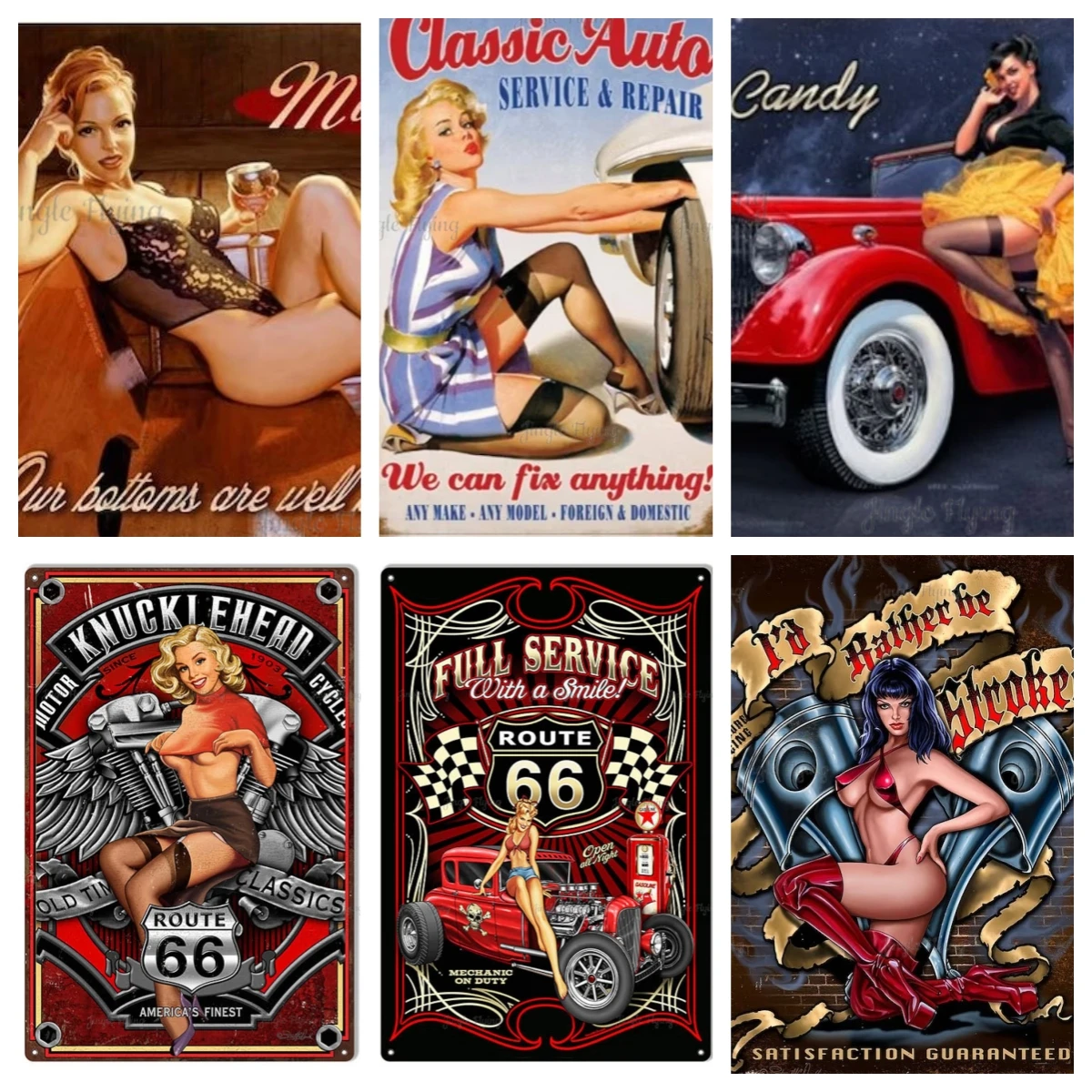 Knucklehead Motorcross Pin Up Girl Midnight Lace Woodies Route 66 Metal Sign Canvas Retro Gas Oil Garage Art Wall Rg
