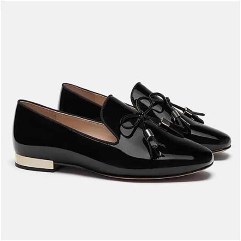 

Tassel Shoes for Women Square Toes Chassure Femme Butterfly-knot Low Heels Patent Leather Female Loafers Shallow Zapatos Mujer