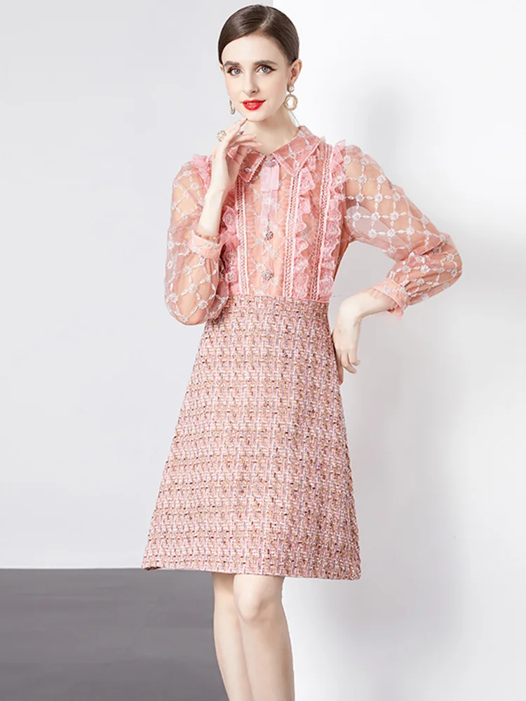 

Elegant Mesh Patchwork Tweed Dresses for Women Pink Ruffles Long Sleeve Party Special Occasion Vestidos Casual Daily Dress