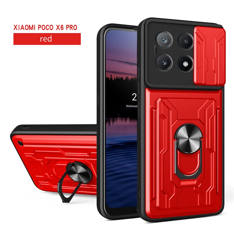 Slide Lens Protect Armor Phone Case with Card Slot & Bracket - Durable Back Cover