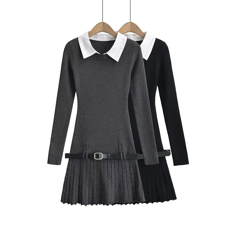 Korean Fashion Knitted Short Dresses for Women Autumn New Patchwork Long Sleeve Pleated A-line Y2K Sexy Party Dress with Belt