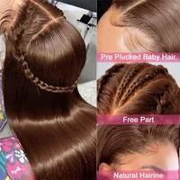Perruques de cheveux humains super double drawn, lisses comme des baguettes, brun chocolat, avec dentelle frontale, pré-épilées, brun foncé, perruque frontale HD en dentelle pour femmes 2