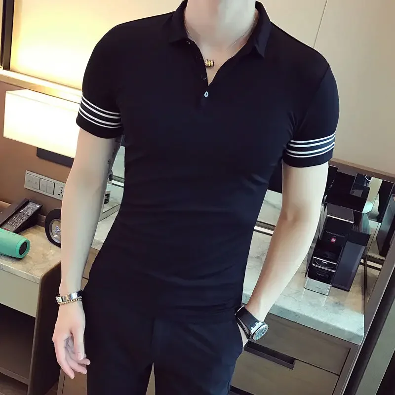 

Top Skinny Clothes Muscles Streetwear V Neck Polo Men's T-shirt Striped with Collar Male Tee Shirts Short Quarter Sleeve Chic Xl