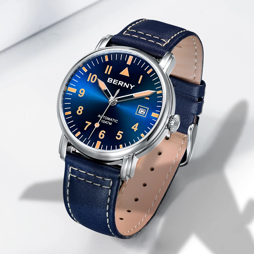 BERNY Men Automatic Watch MIYOTA 8215 Wristwatch Male Mechanical Luminous Military Vintage Sapphire Waterproof 10ATM Pilot Watch