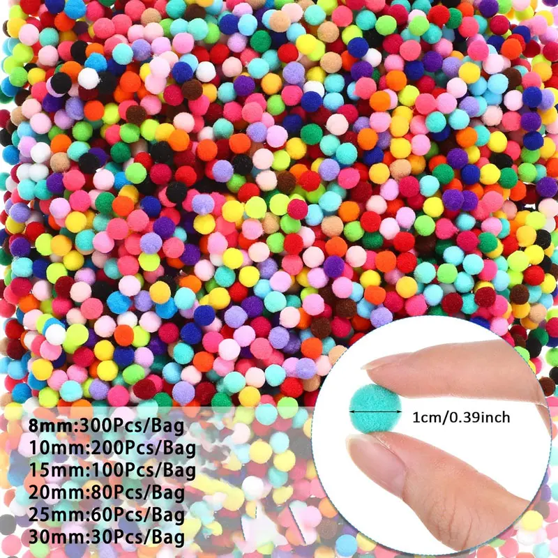 Cheerleading Pom Poms Mink Fur Pompoms 300-30Pcs Multicolor Pompoms Fur Balls 8/10/15/20/25/30mm for DIY Crafts