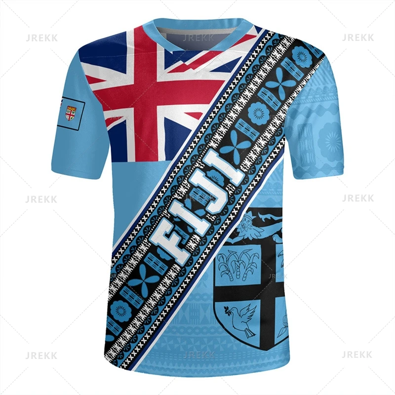 thumbnail image 1 of Camiseta con cuello en V y estampado 3D de la bandera de la República de Fiji Camiseta con cuello en V y emblema gráfico de rugby de Fiji para hombres Camisetas de moda, 1 of 5