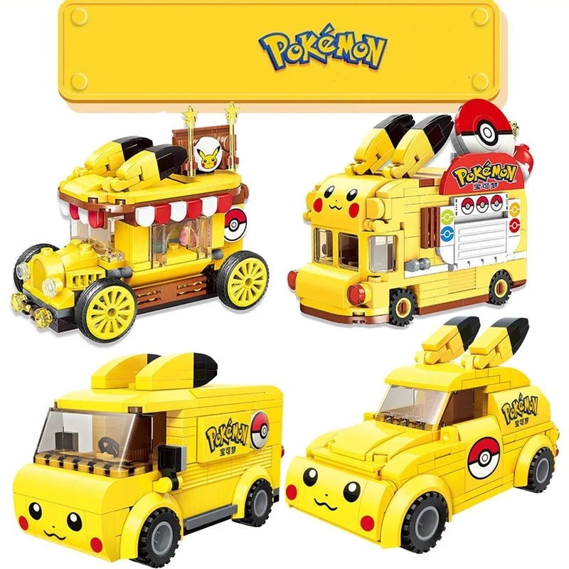 

Anime Cartoon Pokemon Bus Kawaii Pikachu Food Truck Compatible with Lego Building Blocks Children Educational Toys Car Gift Boys