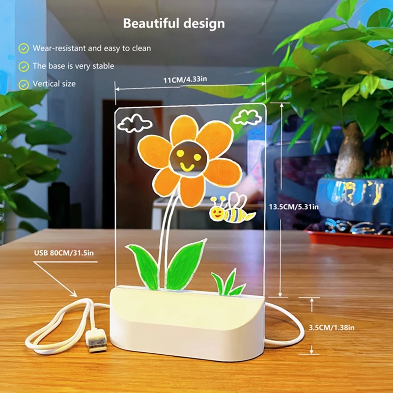 LED 어린이용 손그림 발광 보드 지울 수 있는 조명 USB 플러그인 야간등 DIY 창의적 장난감 7개 펜 포함 선물 신제품
