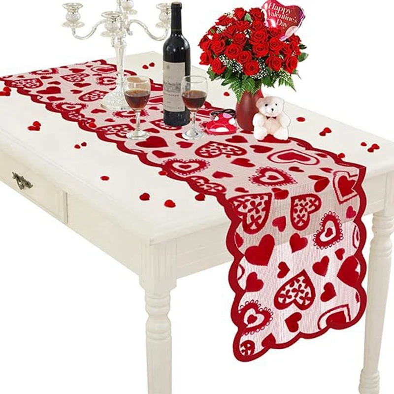 

Red Lace Table Runner Heart Decor Table Runner 13 X 72Inch, Wedding Valentines Day Romantic Heart Table Runner