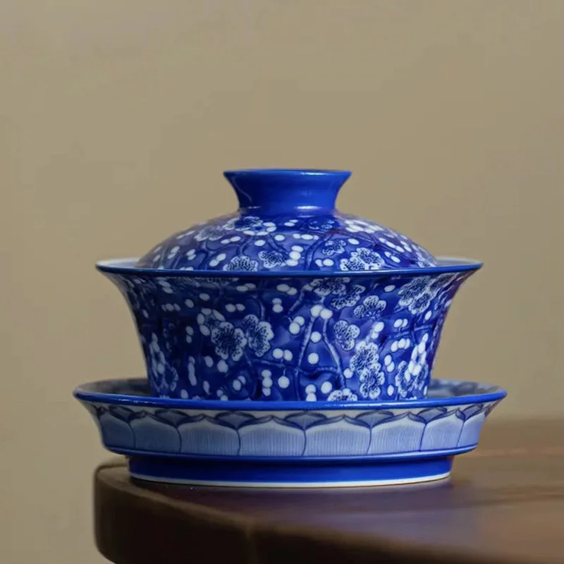 

Bingmei старинная глина для керамики, Античная Сине-белая чаша с подшипником, чаша с крышкой трех Кай, чаша с подставкой