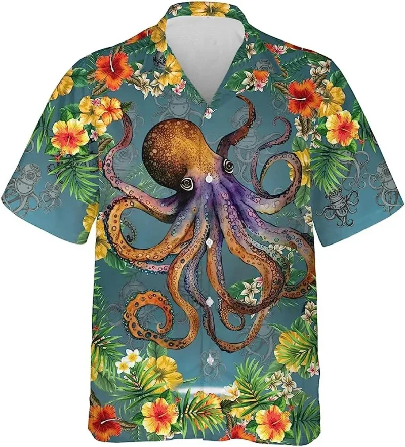 thumbnail image 1 of Camisa de verano para hombre con estampado 3D de pulpo y animales marinos, manga corta, botones de solapa, camisas personalizadas para viajar al trabajo, estilo hawaiano, 1 of 5
