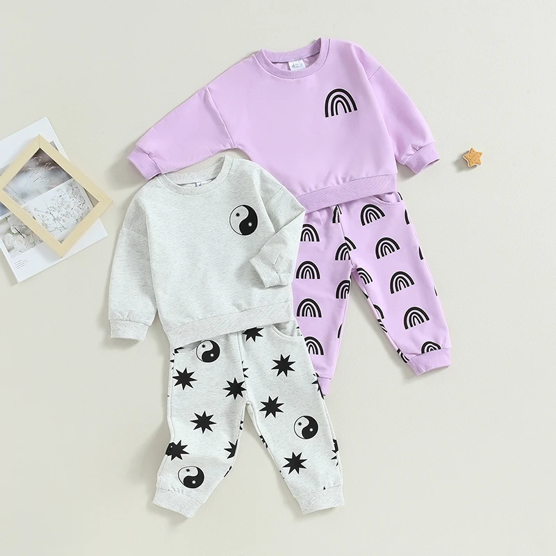 

2023-06-22 Lioraitiin 0-4Years Toddler Baby Boy Girl Fall Clothes Cartoon Print Long Sleeve Crewneck Tops Pants 2Pcs Outfit