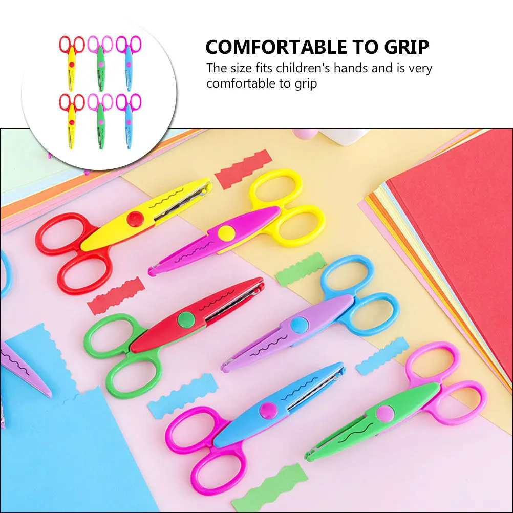 6Pcs 가위 플라스틱 둥근 팁 레이스 패턴 정밀 DIY 공예 종이 가위 편안한 그립 도구