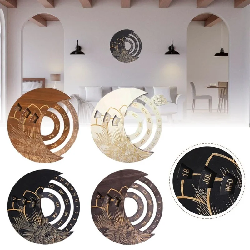 Wooden Round Perpetual Calendar Creative Wooden Wall Calendar Wall Hanging Crafts Decorative Xmas Gift Handicraft Decoration