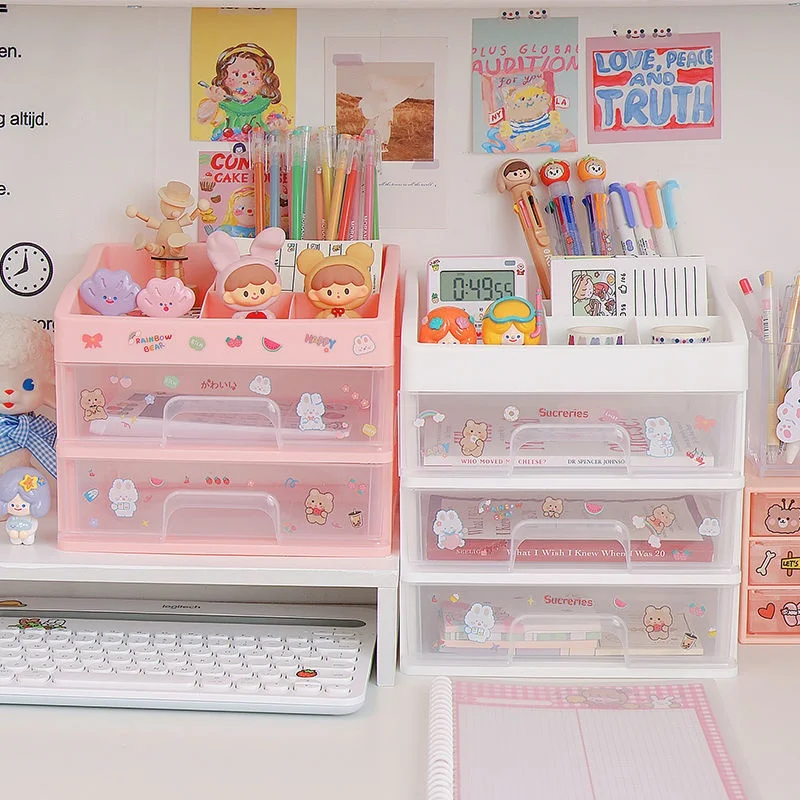 

New Cute Multi-storey Drawer Desktop Organizer Desk Storage Box Free Sticker School Office Stationery Cosmetic Home Storage Box