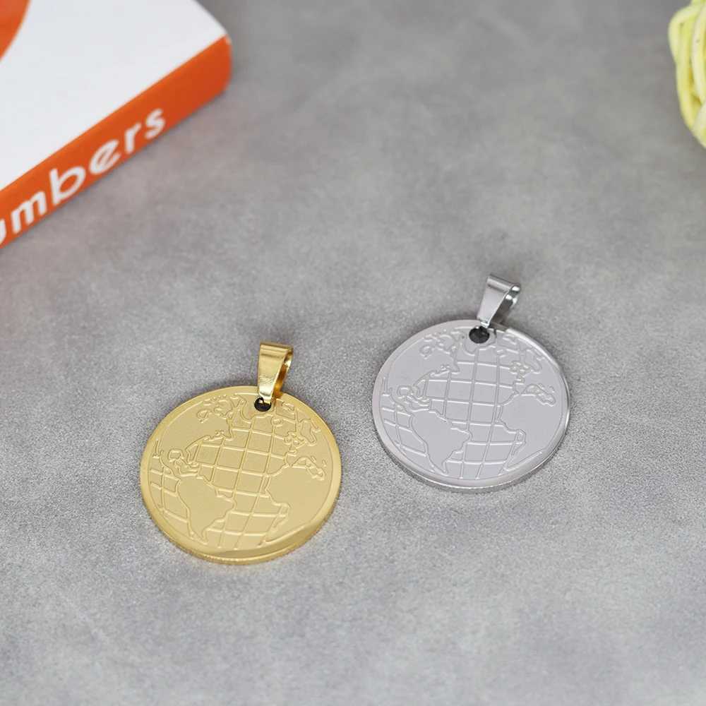 

2PCS World Map Engrave Stainless Steel Round Punk Pendant Charm For Jewelry Making DIY Craft Necklace Keychain Metal Accessories
