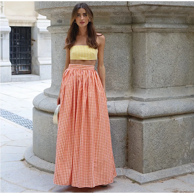 Conjunto de falda larga y camisa de tubo sexy para mujer, camisetas cortas sin mangas retro, conjuntos de faldas plisadas de cintura alta, para vacaciones en la playa