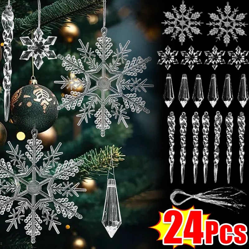 Clear Crystal Snowflake Icicle Pendants Acrylic Shiny DIY Christmas Tree Hanging Ornament Navidad New Year Party Home Decoration 1