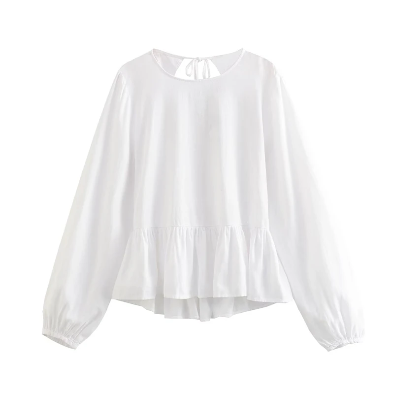 

Round Neck Long-sleeved Open Back Tie-up Ruffles Slim Fit Cotton Linen Hollow Shirt Loose Simple White All-match Top