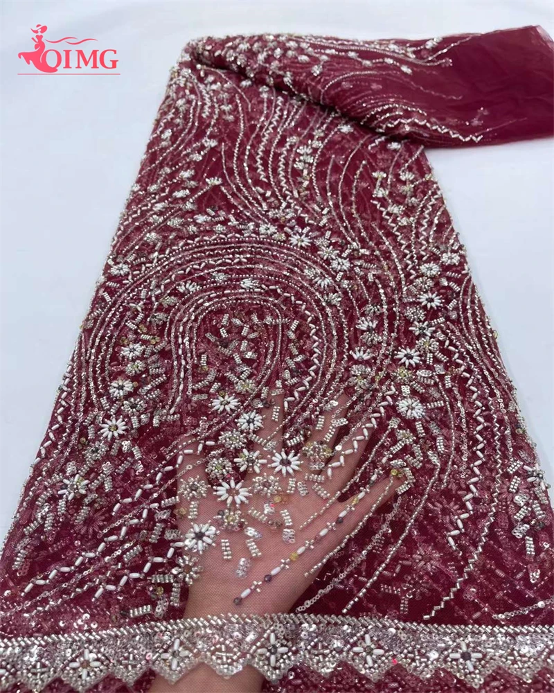 

OIMG African Luxury Beaded Tulle Lace Fabric 2024 Nigerian Handmade Heavy Sequins Pearls Lace Fabric Fro Bridal Wedding Dresses