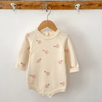 Barboteuse tricotée pour bébé fille de 0 à 2 ans, broderie florale, col à volants, manches longues, combinaison pour enfant en bas âge, printemps-automne 2