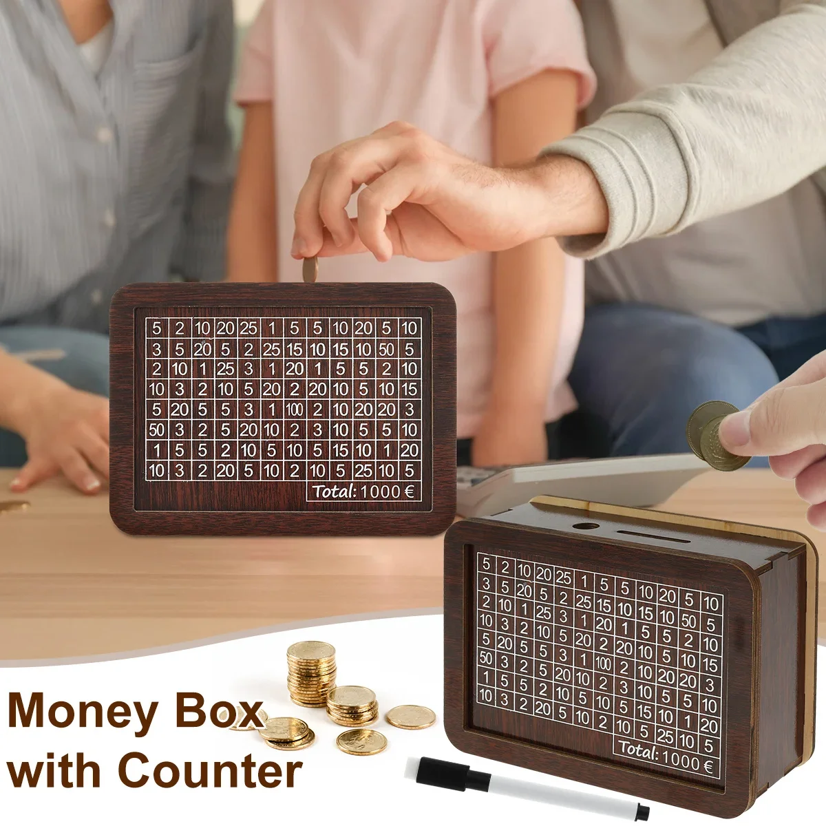 Wooden Money Box With Counter, 5000/10000 EUR/USD/GBP Saving Challenge Box  For Boys Girls Adults, Markable Piggy Bank With Fixed Target, Reusable ...