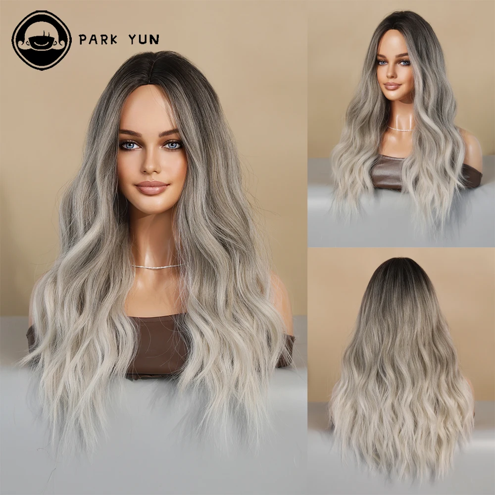 

Brown Ombre Grey Long Wave Hair Women Wig Mid Parting Heat Resistant Synthetic Wig Party Daily Use Female Curly Wig Accessories
