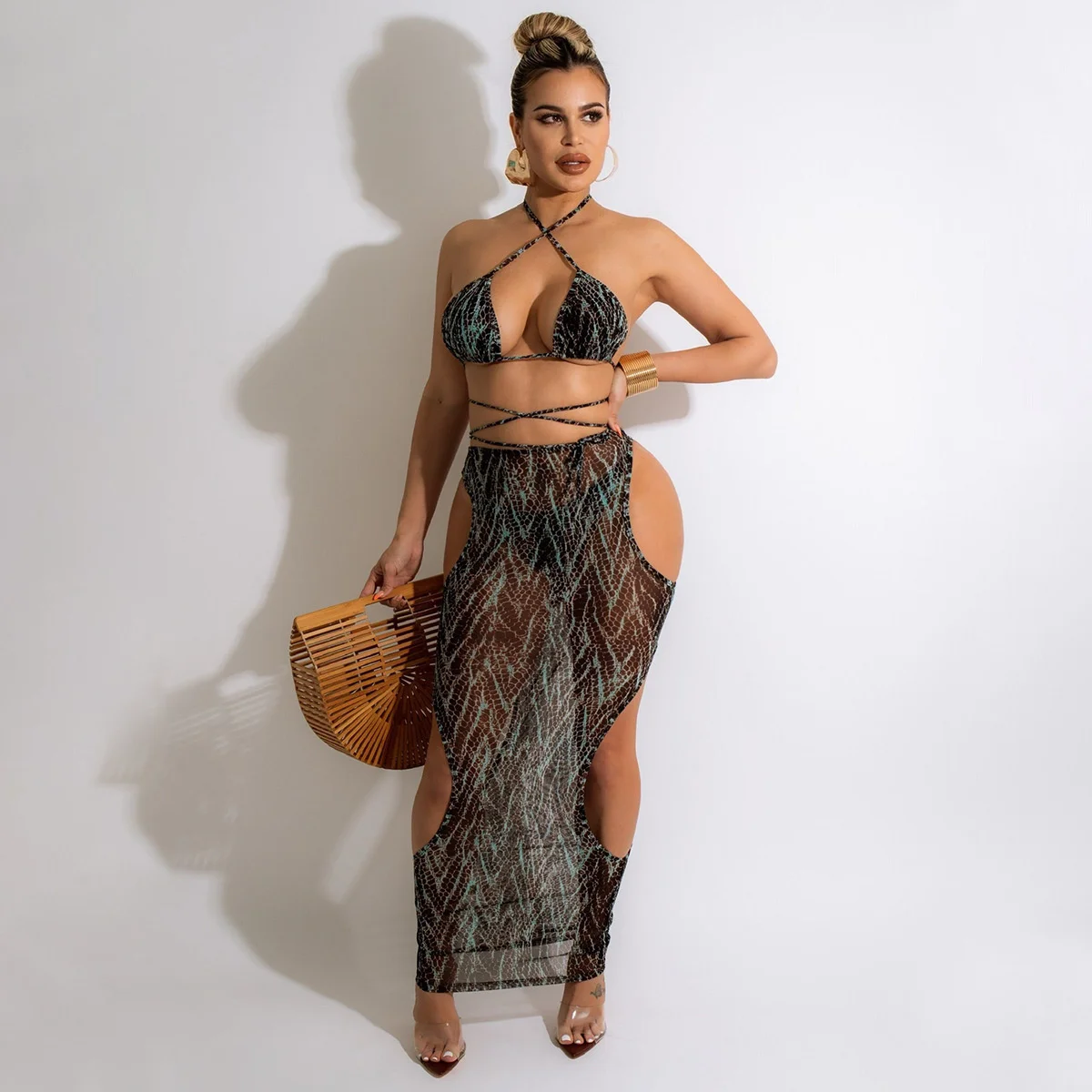 

Cutubly Casual Swimming Costumes 2023 Woman Solid Sexy Strap Swimsuit And Print Hollow Out Beach Dress Set Club Party Holiday