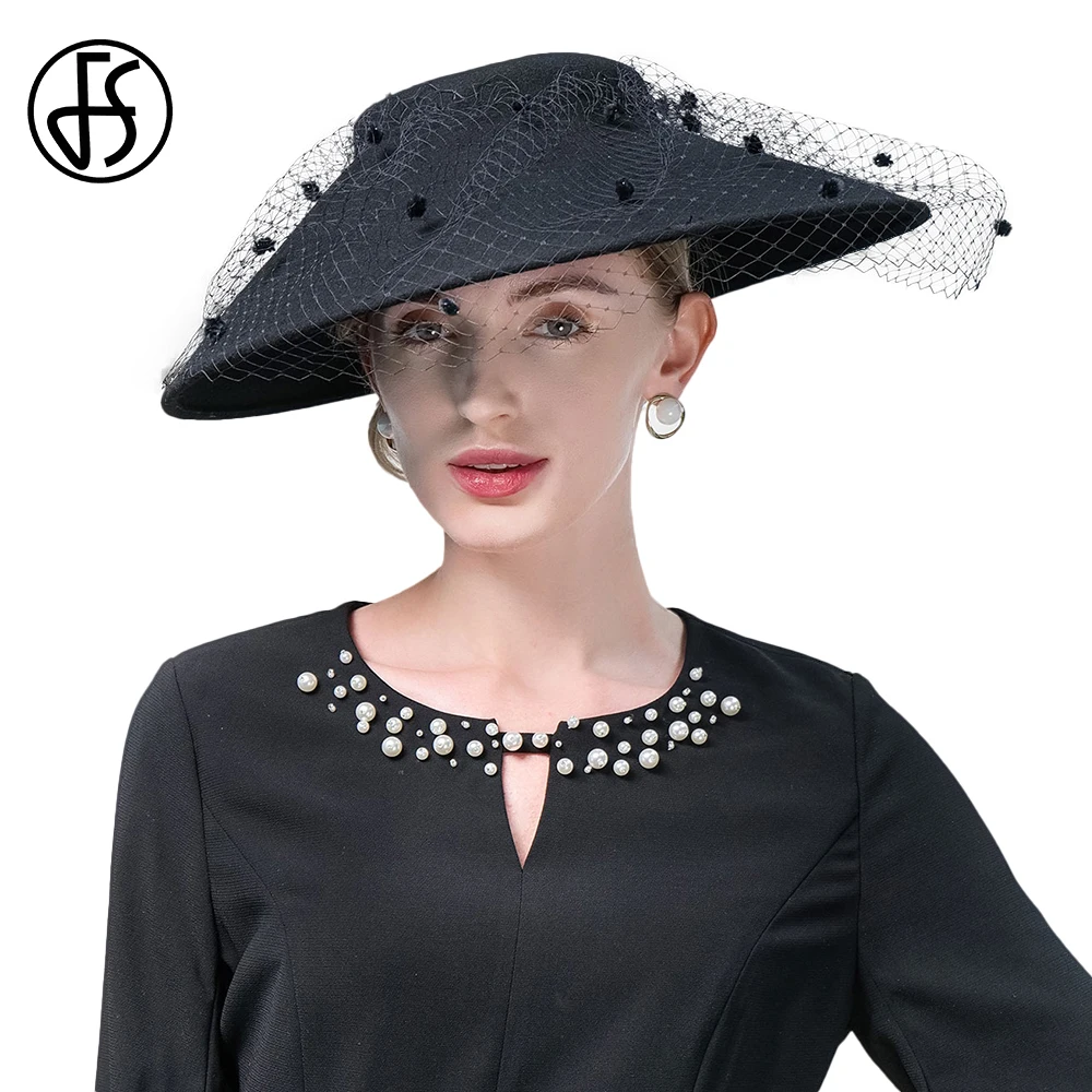 

FS Elegant Church Kentucky Cap Ladies Luxury Wide Brim Black Wool Hats Fascinators For Women Cocktail Party Dress Fedoras 2024