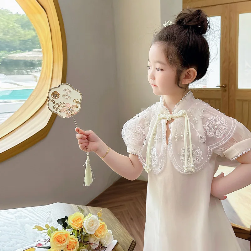 

Летнее платье для маленьких девочек, накидка с национальным жемчугом и бахромой, платье для маленьких девочек, свободное Сетчатое платье с коротким рукавом для маленьких девочек