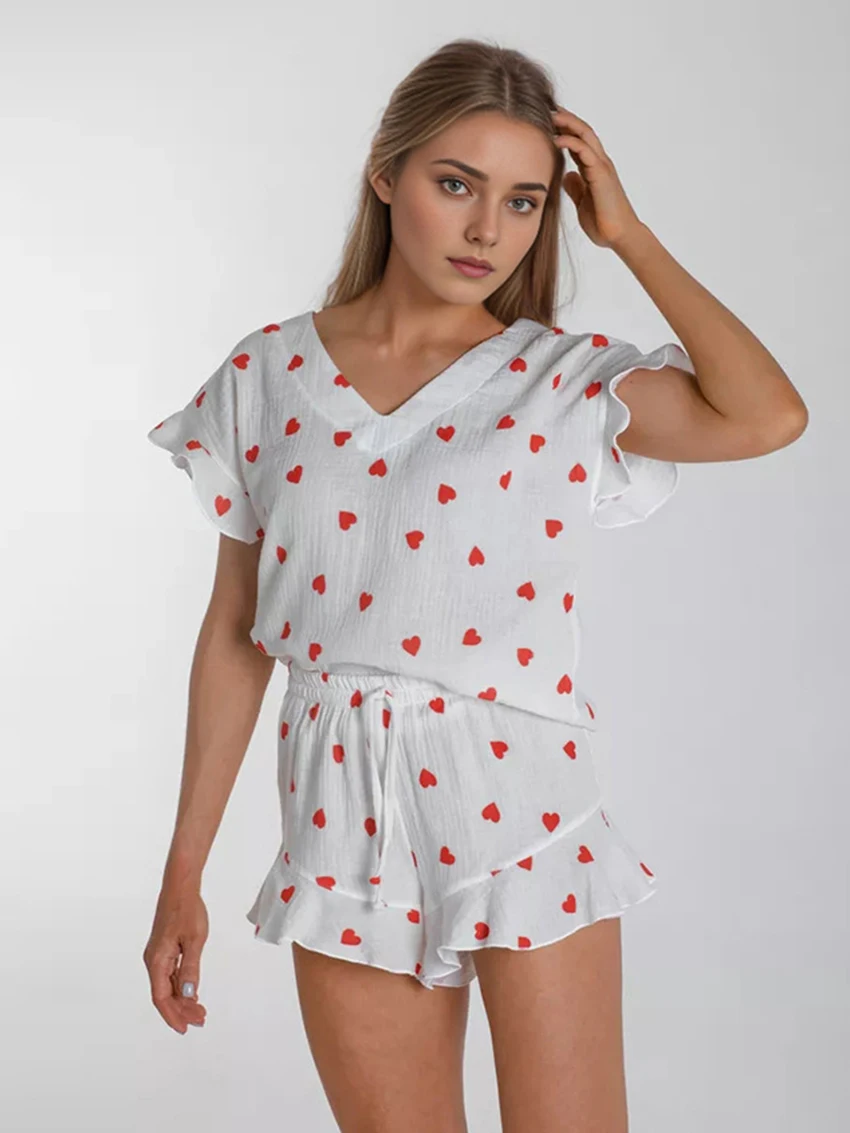 Marthaqiqi Printing Women'S Nightie 2 Piece Set Sexy V-Neck Sleepwear Short Sleeve Nightgowns Shorts Casual Female Home Clothes