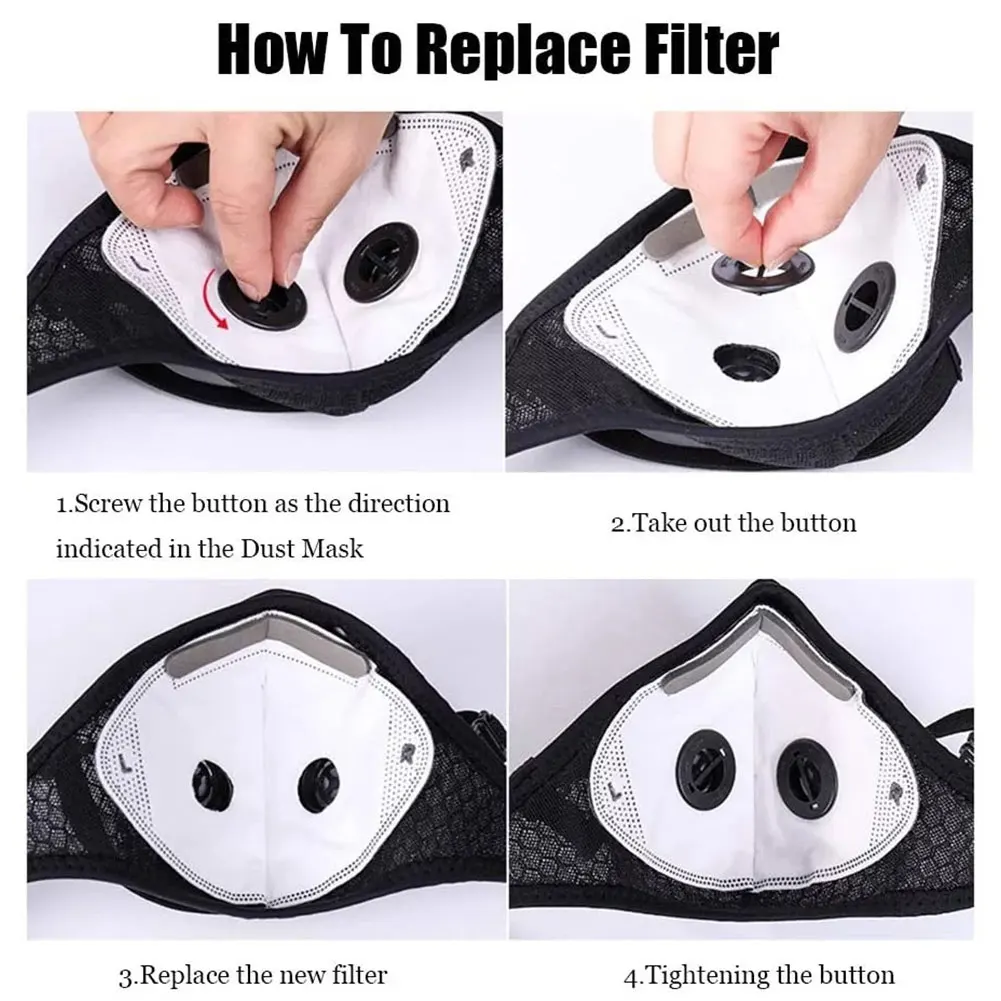 Homme portant le masque noir avec filtre à charbon actif, protection contre la pollution et les particules fines.